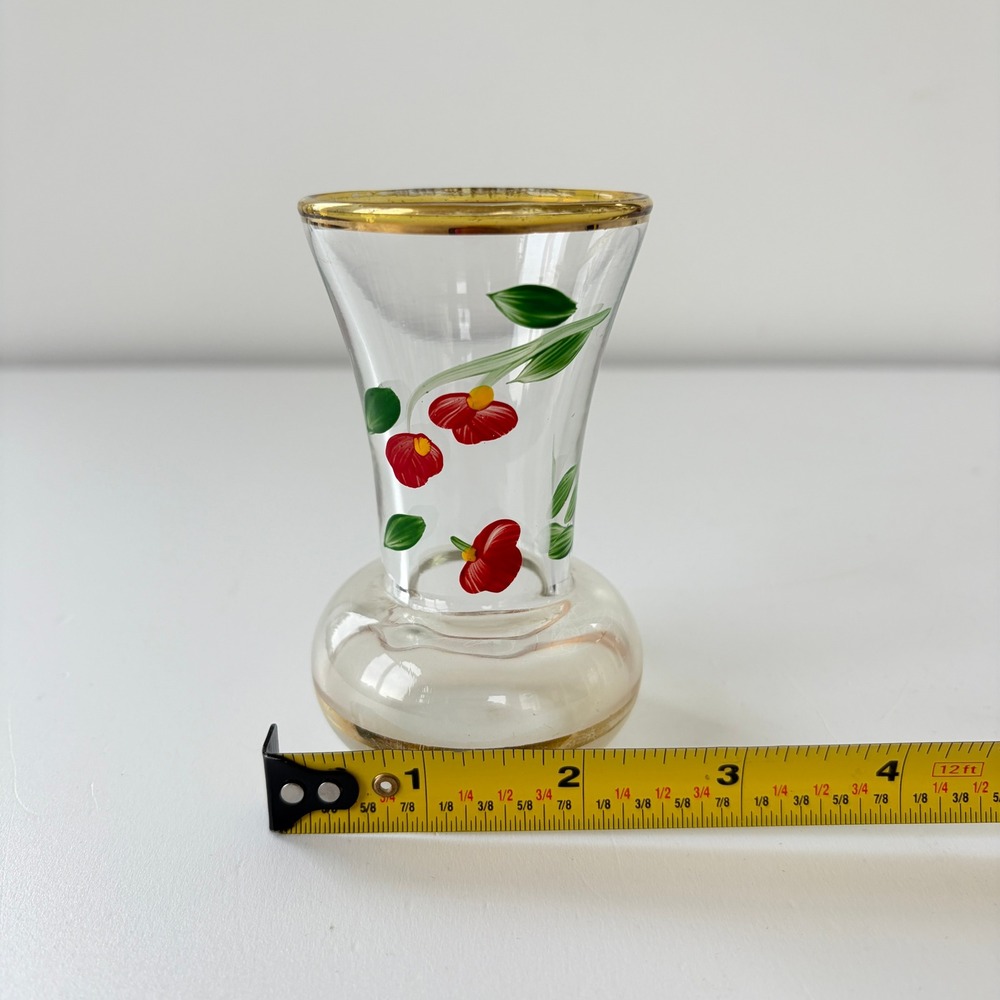 Vintage Hand Painted Floral Glass Bud Vase Red Flowers Gold Rim 3.75 Inch - Picture 3 of 7